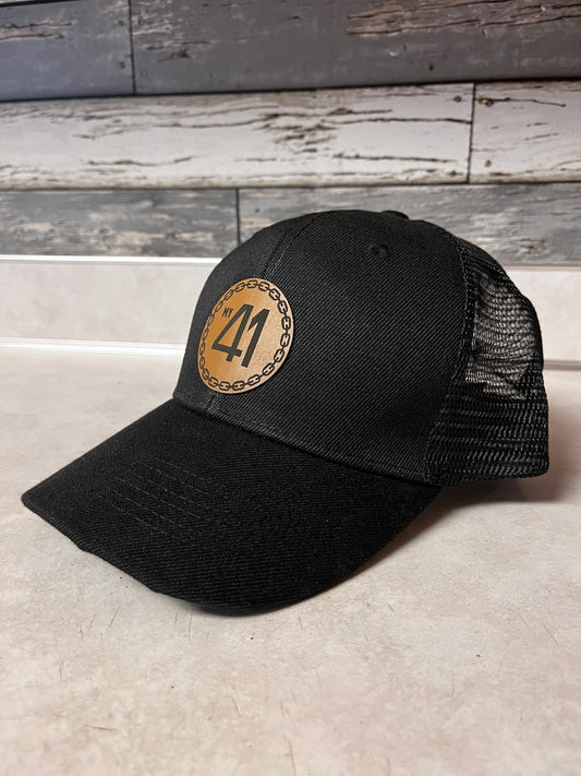 Black Snap Back Hat with Leather Logo