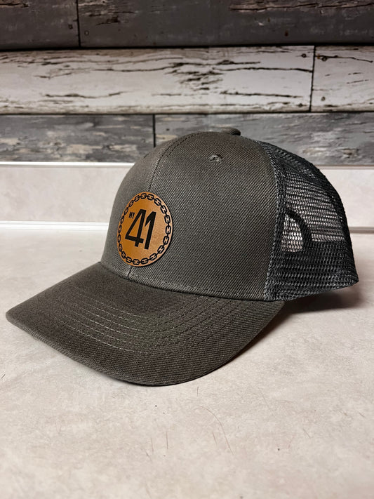 Gray Snap Back Hat with Leather Logo